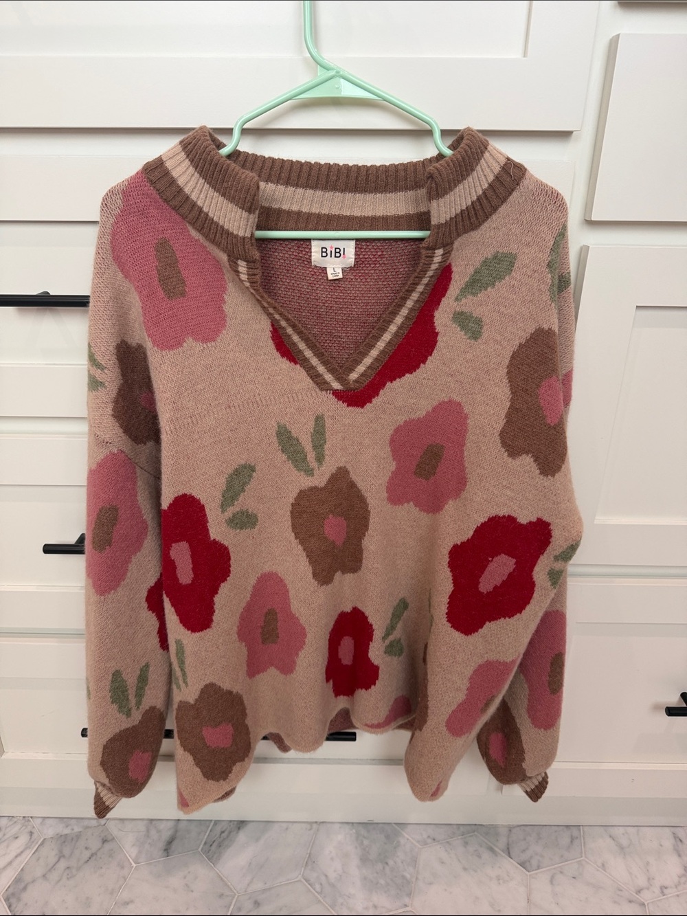 BiBi Rose Pink & Red Floral V-Neck Sweater